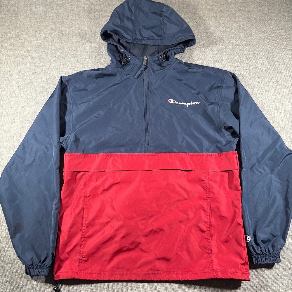 Champion Windbreaker Mens Small Navy Red Colorblock Half Zip Hooded Jacket